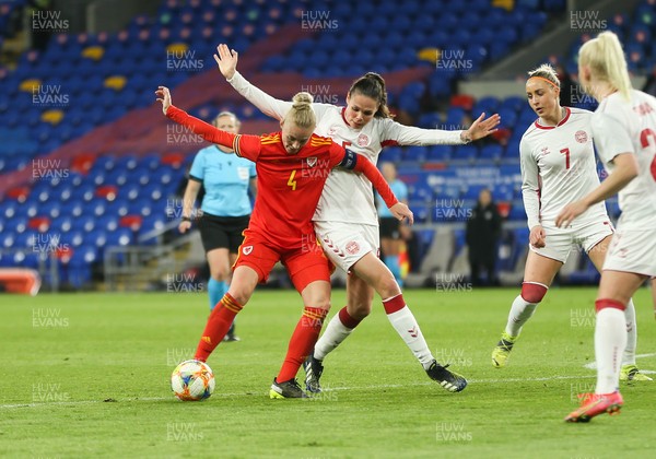 130421 Wales Women v Denmark Women, International Friendly match - Sophie Ingle of Wales is challenged by Simone Boye Sorensen of Denmark