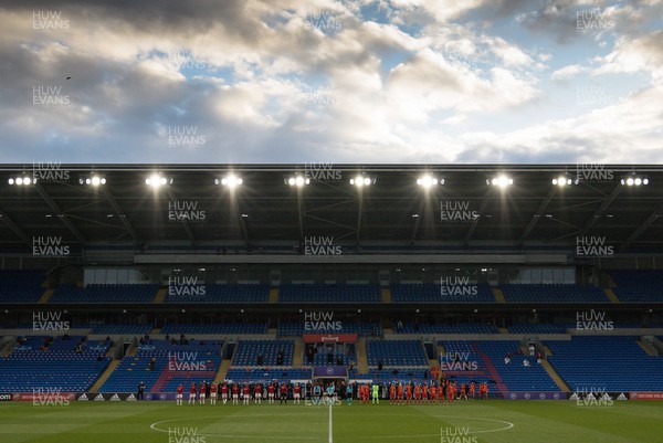 130421 Wales Women v Denmark Women, International Friendly match - The teams line up for the anthems at the start of the match