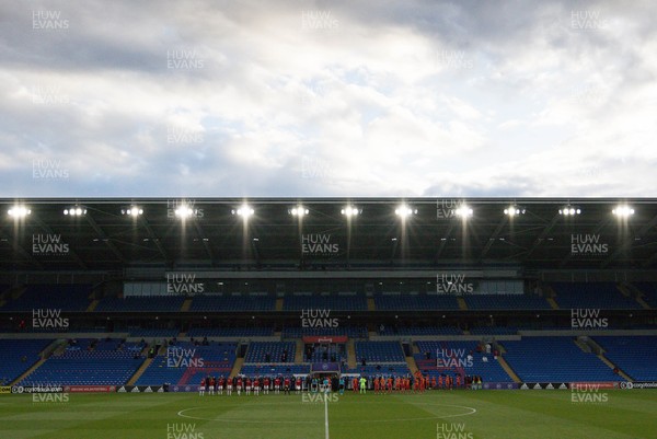 130421 Wales Women v Denmark Women, International Friendly match - The teams line up for the anthems at the start of the match