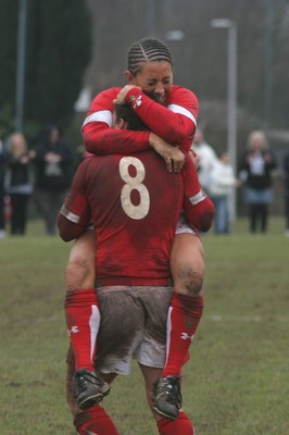14.02.09 The Women's 6 Nations. Wales vs. England. Taffs Well RFC, Cardiff, Wales. 
 
Non Evans is congratulated by captain Mellissa Berry(8) as Wales win at Taffs Well RFC. 
 
