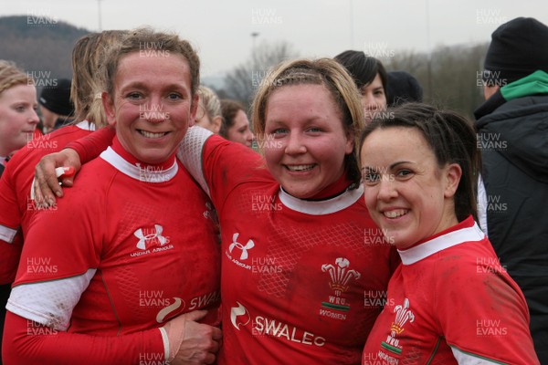14.02.09 The Women's 6 Nations. Wales vs. England. Taffs Well RFC, Cardiff, Wales. 
 
(L-R) Clare Flowers, Rhian Bowden & Amy Day are all smiles after Wales edge out England 16-15 at Taffs well RFC, Cardiff. 
 
