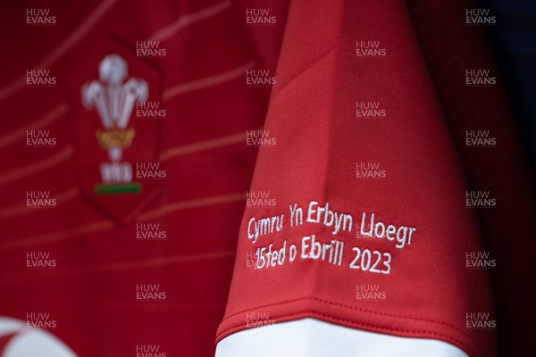 150423 - Wales v England, TicTok Women’s 6 Nations - A Wales match shirt in Wales changing room ahead of the match