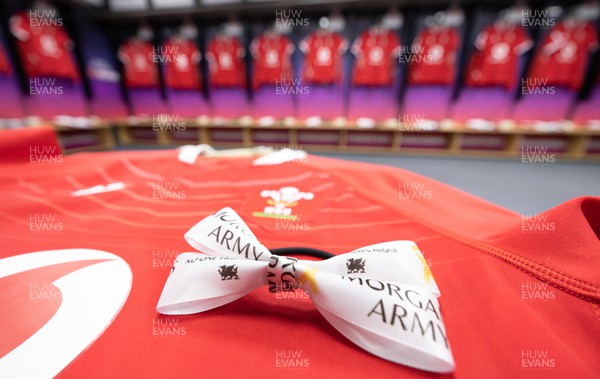 150423 - Wales v England, TicTok Women’s 6 Nations - A Morgan’s Army ribbon which the Wales team will wear to show support for Natalia John’s nephew Morgan who is fighting a rare cancer
