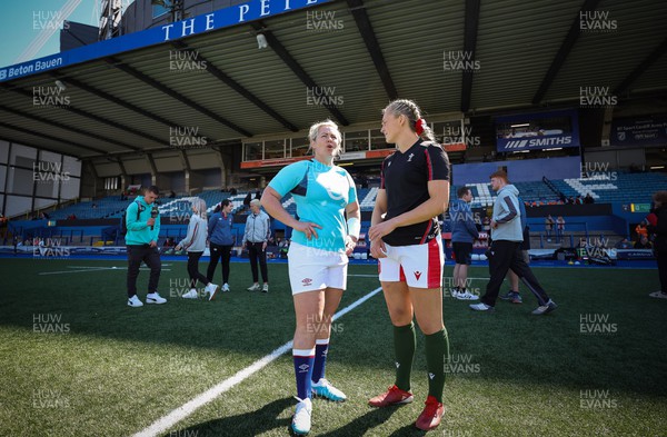 150423 - Wales v England, TicTok Women’s 6 Nations - Hannah Jones of Wales with Marlie Packer of England ahead of the coin toss