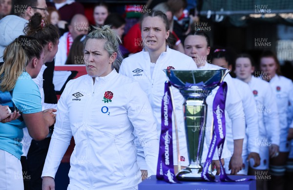 150423 - Wales v England, TicTok Women’s 6 Nations - Marlie Packer of England leads her team out for the match passed the Women’s Six Nations Trophy