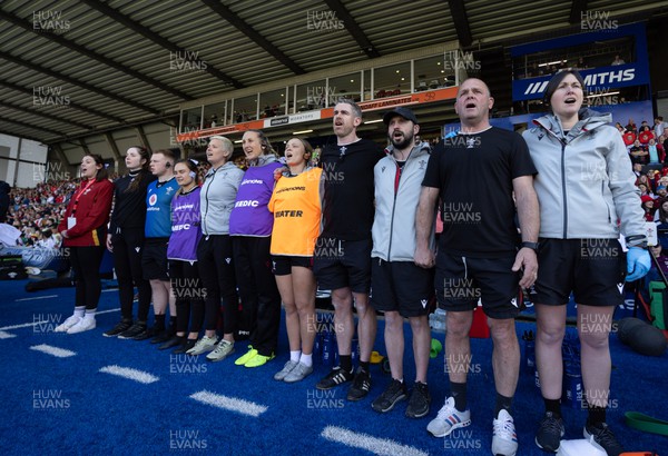 150423 - Wales v England, TicTok Women’s 6 Nations - The Wales team management line up for the anthems