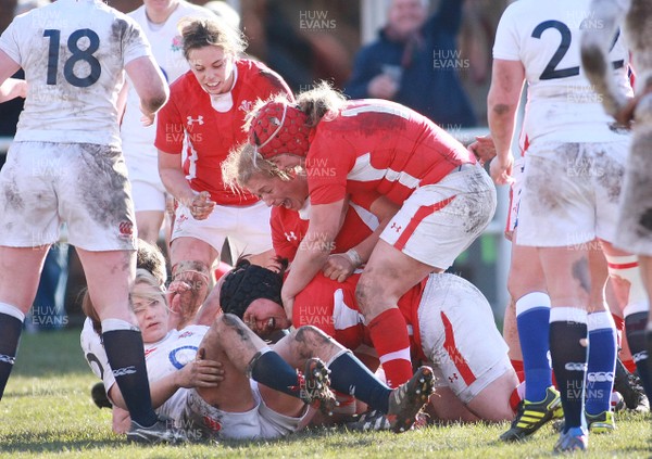 170313 Wales v England- Women's 6 Nations Championship -Wales' try scorer Megan York is congratulated by team mates