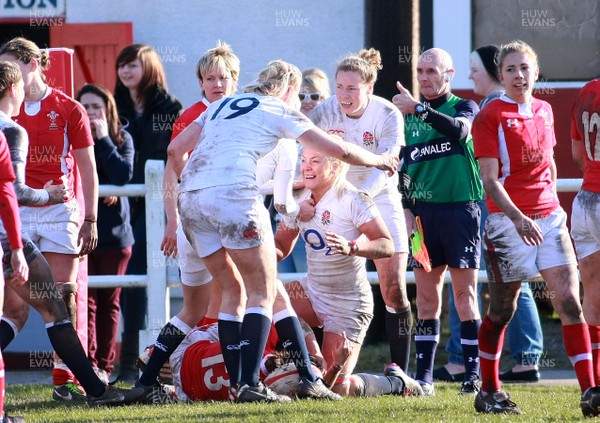 170313 Wales v England- Women's 6 Nations Championship -England's try scorer Sally Tuson is congratulated by team mates