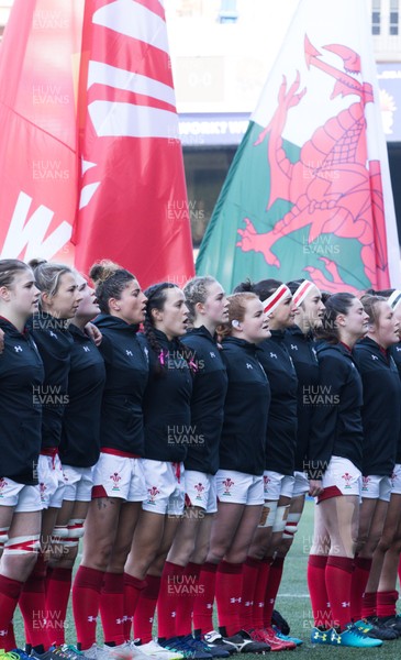 240219 - Wales v England, Women's Six Nations Championship 2019 - The Wales Women's team line up for the anthems