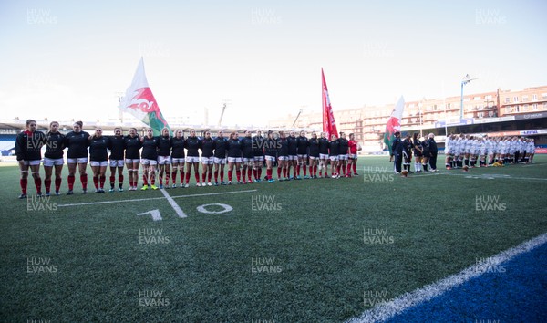 240219 - Wales v England, Women's Six Nations Championship 2019 - The Wales Women's team line up for the anthems