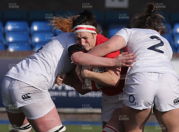 240219 - Wales v England, Women's Six Nations Championship 2019 - Mel Clay of Wales is stopped