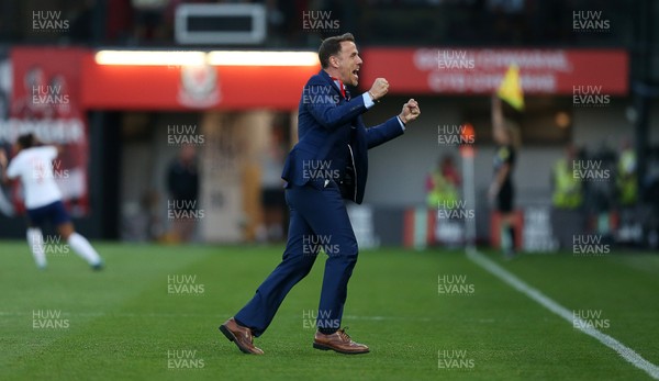 310818 - Wales Women v England Women - FIFA World Cup Qualifier - England Manager Phil Neville celebrates on the pitch before Englands goal was disallowed