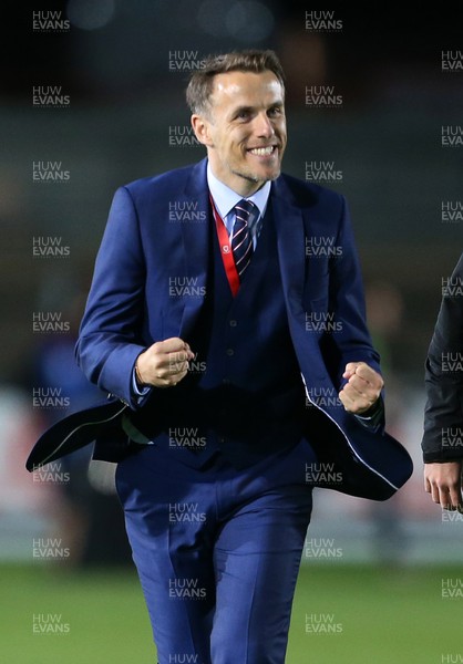 310818 - Wales Women v England Women - FIFA World Cup Qualifier - England Manager Phil Neville celebrates at full time