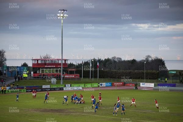 160318 - Wales Women v France Women - Natwest 6 Nations Championship - General View of the wind turbines out at sea overlooking the ground