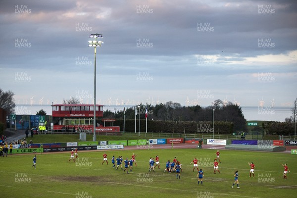 160318 - Wales Women v France Women - Natwest 6 Nations Championship - General View of the wind turbines out at sea overlooking the ground