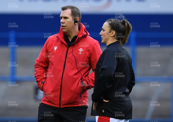 220422 - Wales Women v France Women - TikTok Women’s Six Nations - Siwan Lillicrap and Wales coach Ioan Cunningham during the warm up