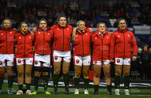220422 - Wales Women v France Women - TikTok Women’s Six Nations - Elinor Snowsill, Kayleigh Powell, Bethan Lewis, Cerys Hale, Kelsey Jones, Cara Hope and Siwan Lillicrap of Wales during the anthems