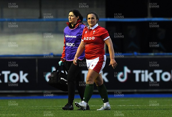 220422 - Wales Women v France Women - TikTok Women’s Six Nations - Siwan Lillicrap of Wales leaves the field with Doctor