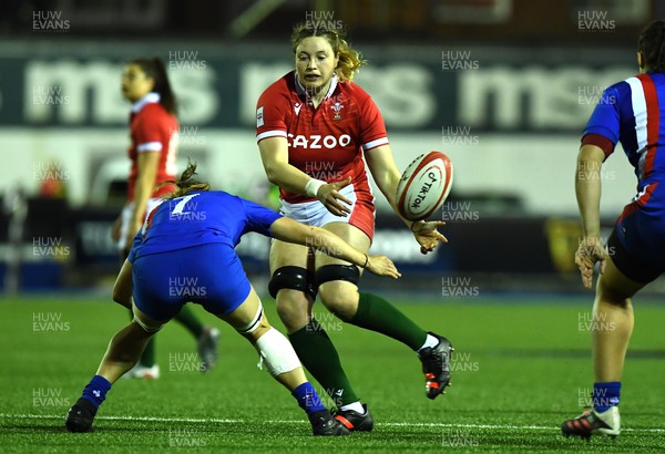 220422 - Wales Women v France Women - TikTok Women’s Six Nations - Gwenn Crabb of Wales is tackled by Gaelle Hermet of France