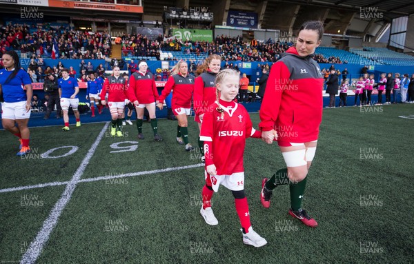 230220 - Wales Women v France Women, Womens Six Nations Championship 2020 - Siwan Lillicrap of Wales leads the team and mascot out at the start of the match