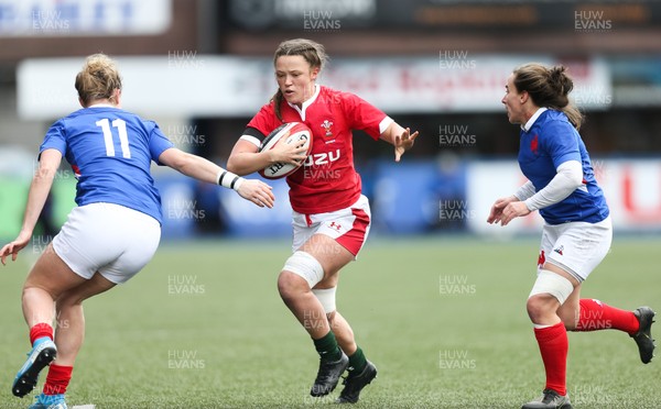 230220 - Wales Women v France Women, Womens Six Nations Championship 2020 - Alisha Butchers of Wales takes on Marine Menager of France and Laure Sansus of France