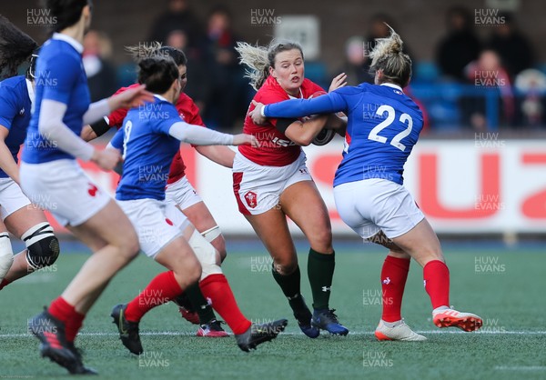 230220 - Wales Women v France Women, Womens Six Nations Championship 2020 - Megan Webb of Wales is held by Camile Boudaud of France