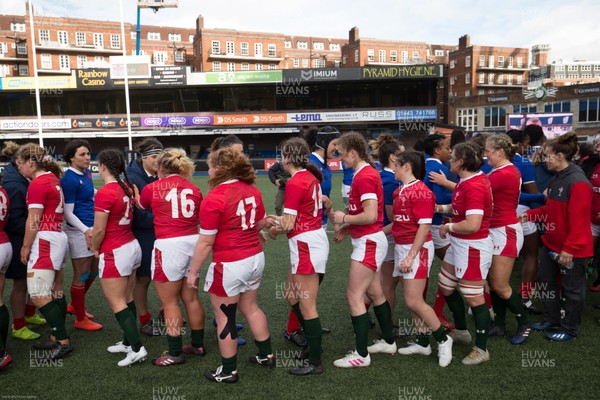 230220 - Wales Women v France Women, Womens Six Nations Championship 2020 - Players congratulate each other at the end of the match