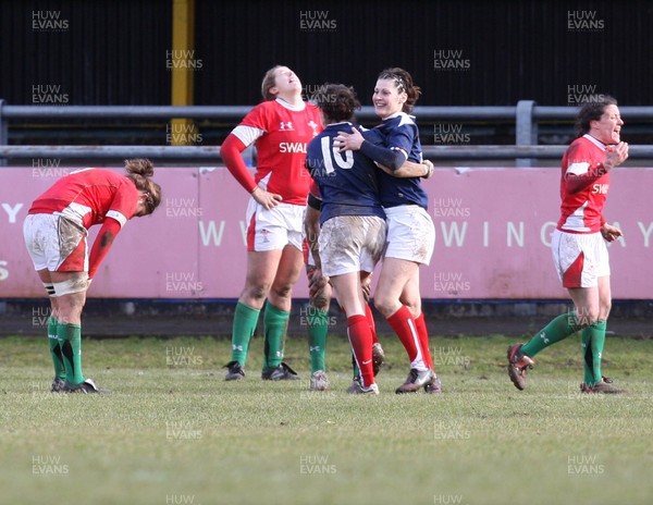 28.02.10 ... Wales Women v France Women, Womens Six Nations, Bridgend -  France's Caroline Ladagnous celebrates with Aurelie Bailon (10) after scoring try  