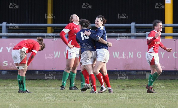 28.02.10 ... Wales Women v France Women, Womens Six Nations, Bridgend -  France's Caroline Ladagnous celebrates with Aurelie Bailon (10) after scoring try  