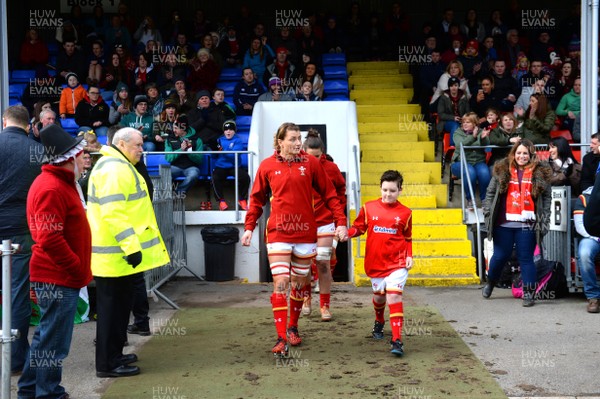 280216 - Wales Women v France Women - RBS Womens Six Nations 2016 -Rachel Taylor of Wales leads out her side with mascot