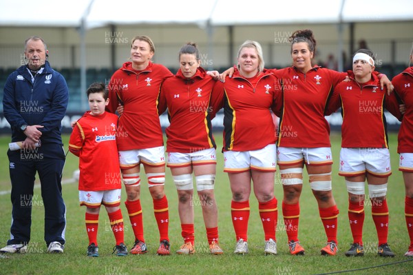 280216 - Wales Women v France Women - RBS Womens Six Nations 2016 -Rachel Taylor, Sioned Harries, Catrin Edwards, Shona Powell-Hughes and Sian Williams of Wales line up for the anthems