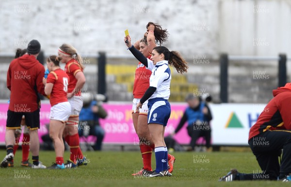 280216 - Wales Women v France Women - RBS Womens Six Nations 2016 -Shona Powell-Hughes of Wales is shown a yellow card