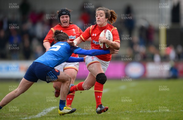 280216 - Wales Women v France Women - RBS Womens Six Nations 2016 -Elen Evans of Wales is tackled by Julie Billes of France