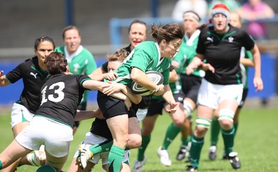 01.08.10.. Wales Women v Ireland Women, Women's Rugby World Cup 2010 Warm-Up Fixture -  Wales' Elen Evans is tackled by the Irish defence 