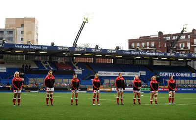 100421 - Wales Women v Ireland Women - Women's Six Nations - Wales players during a 2 minute silence in memory of HRH Prince Philip Duke of Edinburgh