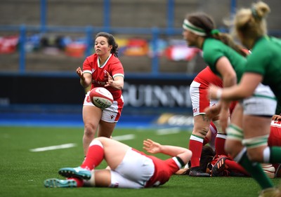 100421 - Wales Women v Ireland Women - Women's Six Nations - Megan Davies of Wales gets the ball away