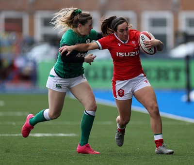 100421 - Wales Women v Ireland Women - Women's 2021 Six Nations Pool B - Courtney Keight of Wales is tackled by Lauren Delany of Ireland