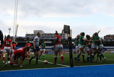 100421 - Wales Women v Ireland Women - Women's 2021 Six Nations Pool B - Dorothy Wall of Ireland celebrates scoring a try with team mates