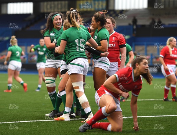 100421 - Wales Women v Ireland Women - Women's Six Nations - Sene Naoupu (right) of Ireland celebrates try with team mates