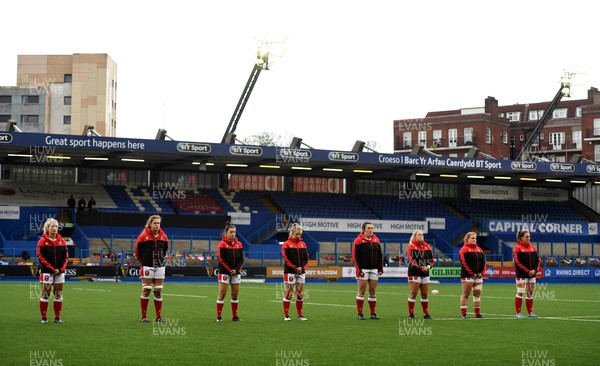 100421 - Wales Women v Ireland Women - Women's Six Nations - Wales players during a 2 minute silence in memory of HRH Prince Philip Duke of Edinburgh