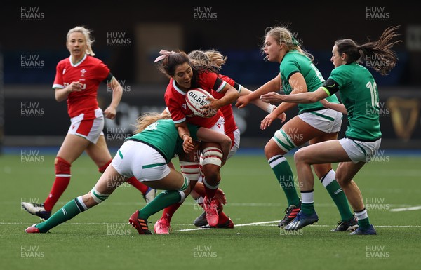 100421 - Wales Women v Ireland Women - Women's 2021 Six Nations Pool B - Georgia Evans of Wales is tackled by Aoife McDermott of Ireland