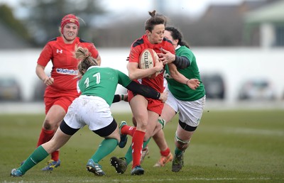 150315 - Wales Women v Ireland Women - RBS Womens 6 Nations 2015 -Laurie Harries of Wales is tackled by Alison Miller and Paula Fitzpatrick of Ireland