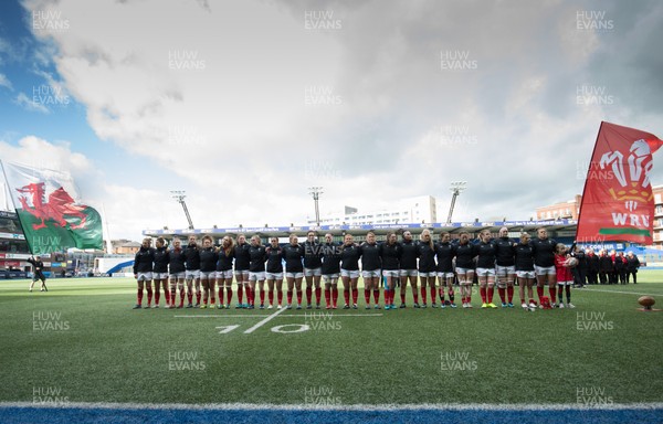 170319 - Wales v Ireland, Women's Six Nations 2019 - The Wales team line up for the anthems at the start of the match