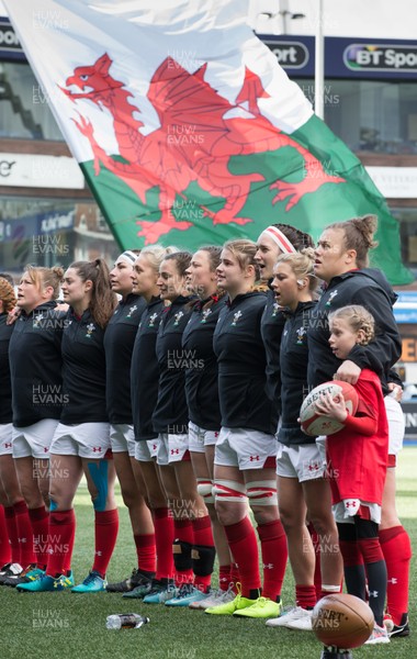 170319 - Wales v Ireland, Women's Six Nations 2019 - The Wales team line up for the anthems at the start of the match