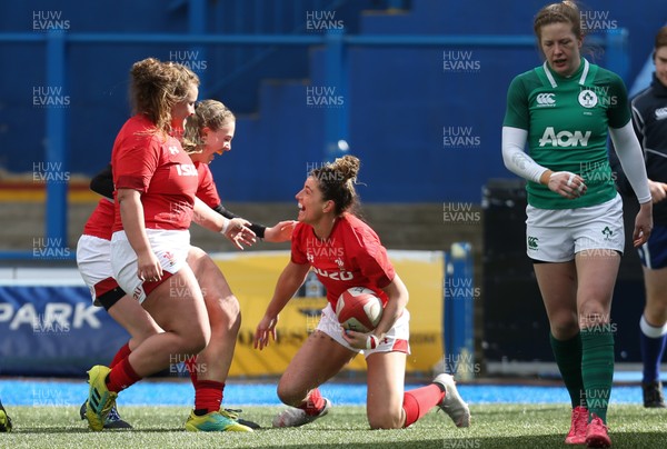 170319 - Wales v Ireland, Women's Six Nations 2019 - Jess Kavanagh of Wales celebrates after scoring try