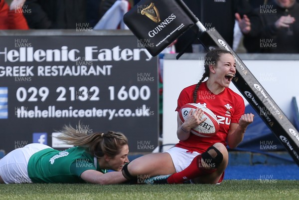 170319 - Wales v Ireland, Women's Six Nations 2019 - Jasmine Joyce of Wales shows her joy after she races in to score try