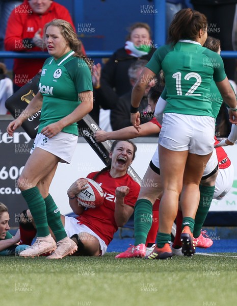 170319 - Wales v Ireland, Women's Six Nations 2019 - Jasmine Joyce of Wales shows her joy after she races in to score try