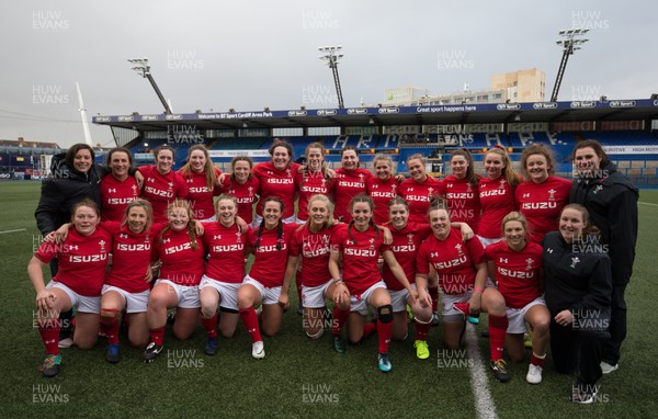 170319 - Wales v Ireland, Women's Six Nations 2019 - The Welsh team celebrate after their win over Ireland