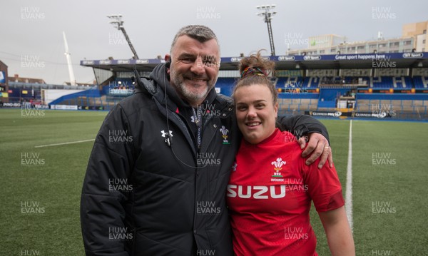 170319 - Wales v Ireland, Women's Six Nations 2019 - Welsh Women's head coach Rowland Phillips with Carys Phillips of Wales
