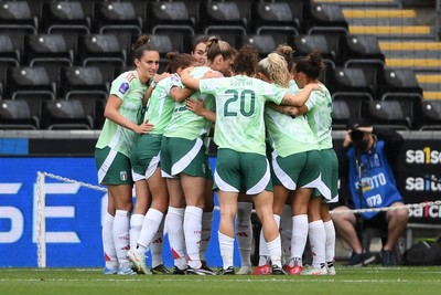 030625 - Wales Women v Italy Women - UEFA Women's Nations League - Elena Linari of Italy Women scores the first goal of the game and celebrates with team mates